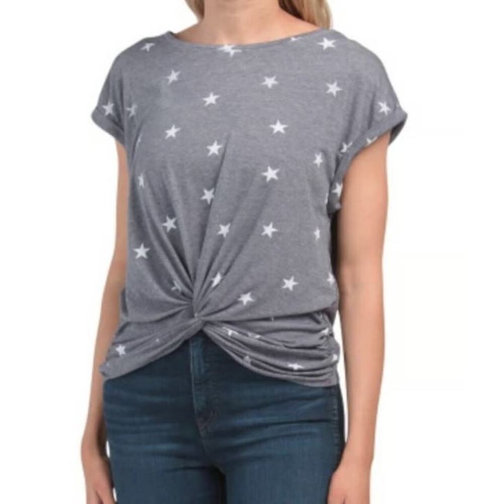 Lucky Brand Women's Star Print Twist Front Short Sleeve T-Shirt Gray Small $40